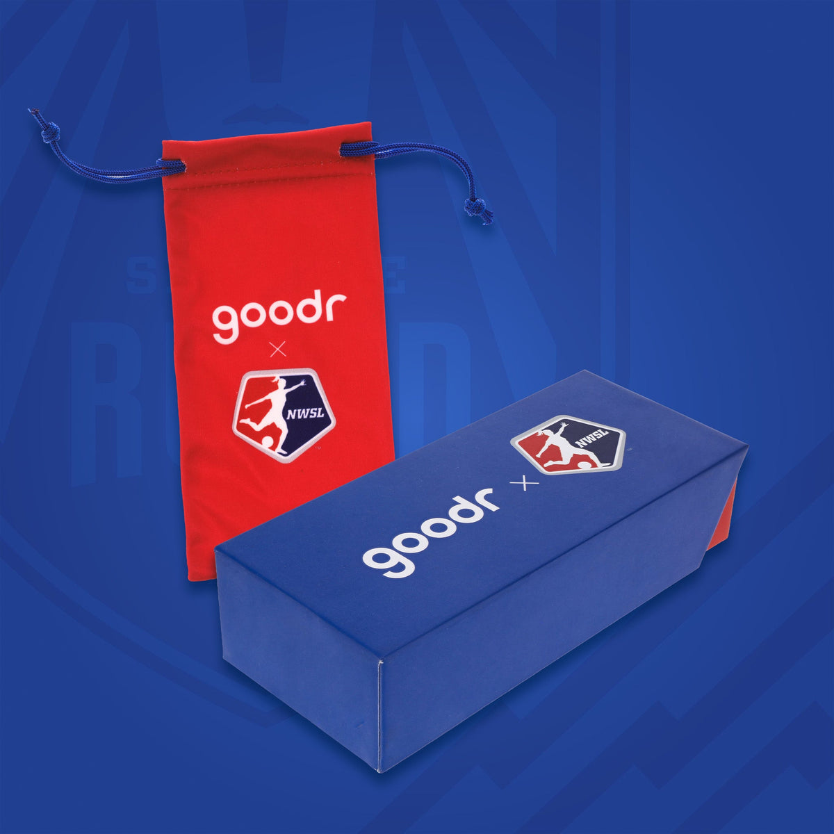 Red & blue custom NWSL (National Women's Soccer League) sunglasses packaging.