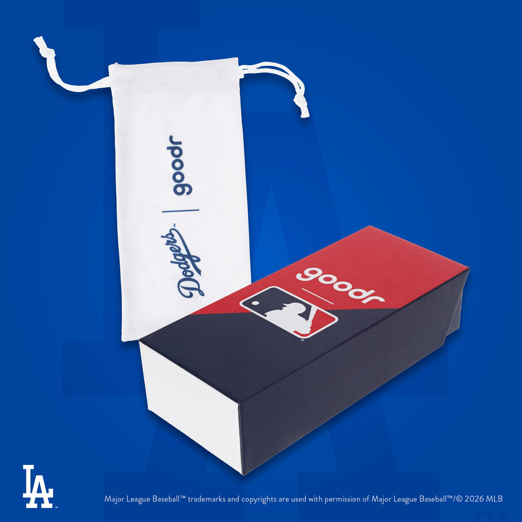 Photograph of custom packaging, featuring a microfiber bag with the iconic Dodgers logo and MLB-themed product box.