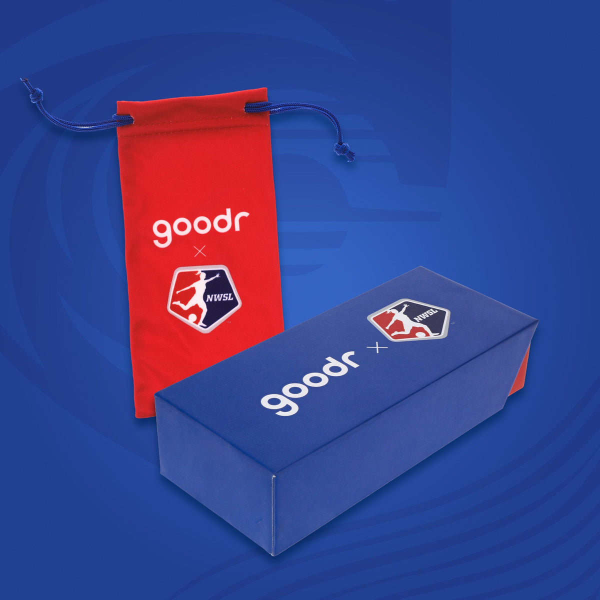 Red drawstring bag and blue box with 'goodr' and 'NWSL' logos on a blue background
