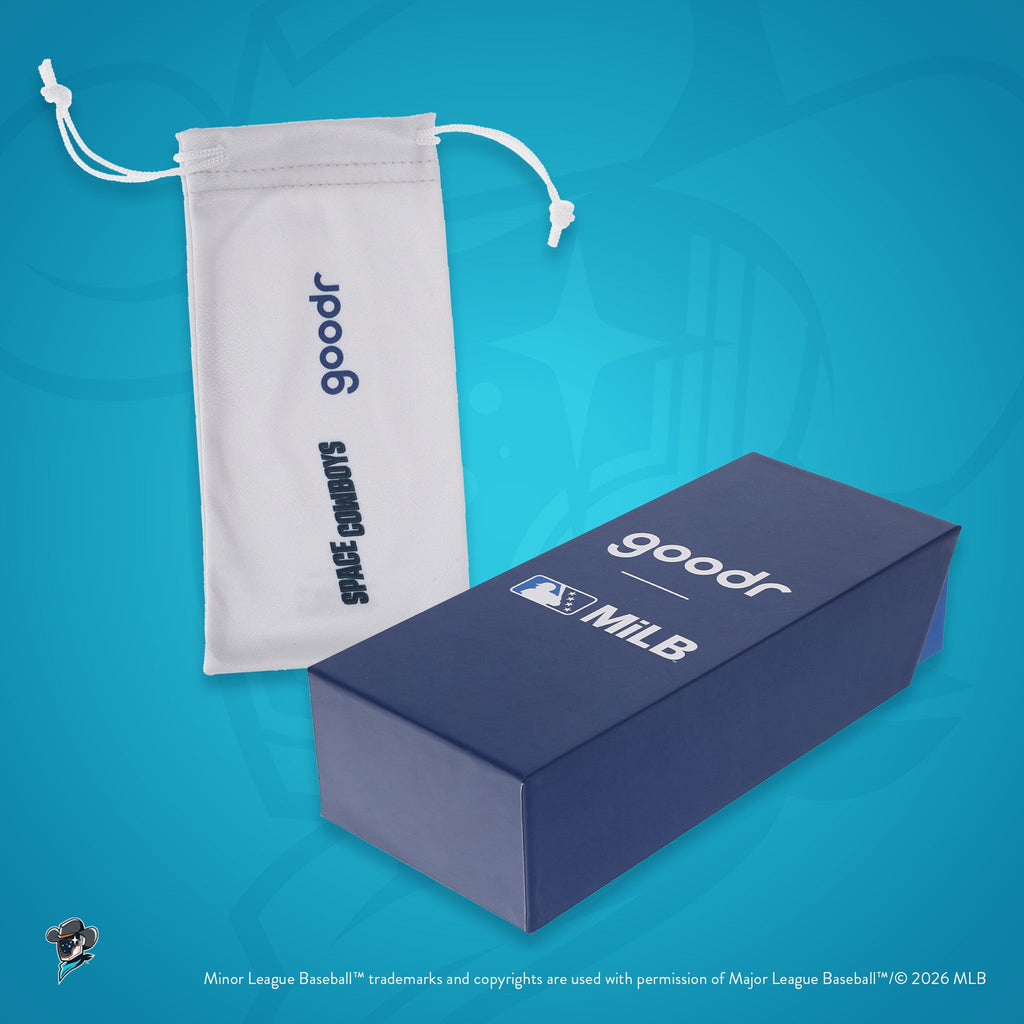 Front view of custom Minor League Baseball-themed packaging with a patterned microfiber bag and box.