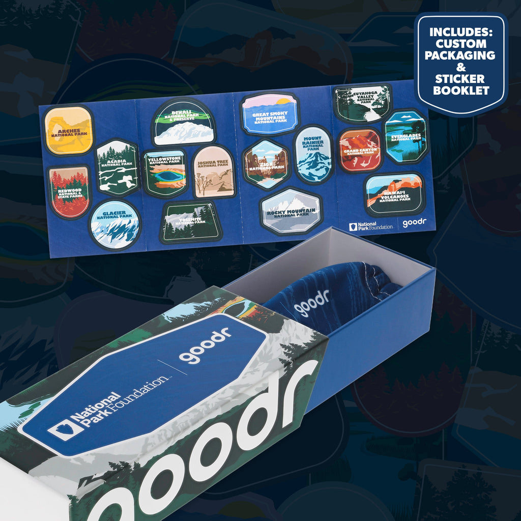 National Park Foundation & goodr sunglasses box with custom sticker booklet and matching pouch.