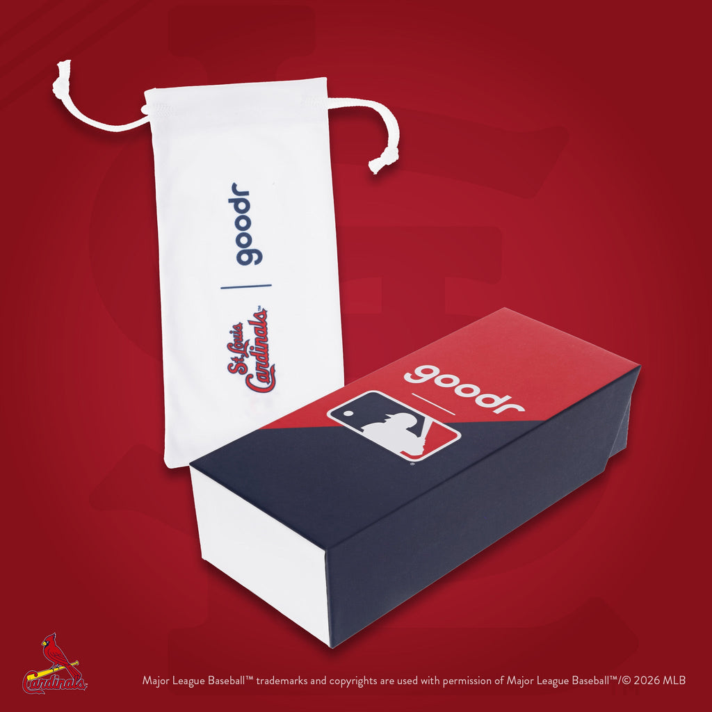Photograph of custom packaging, featuring a St. Louis Cardinals-branded microfiber bag and MLB-themed product box.