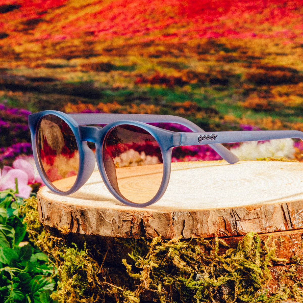 Three-quarter angle view of dark blue circular sunglasses with purple-yellow ocean lenses in front of a meadow backdrop.