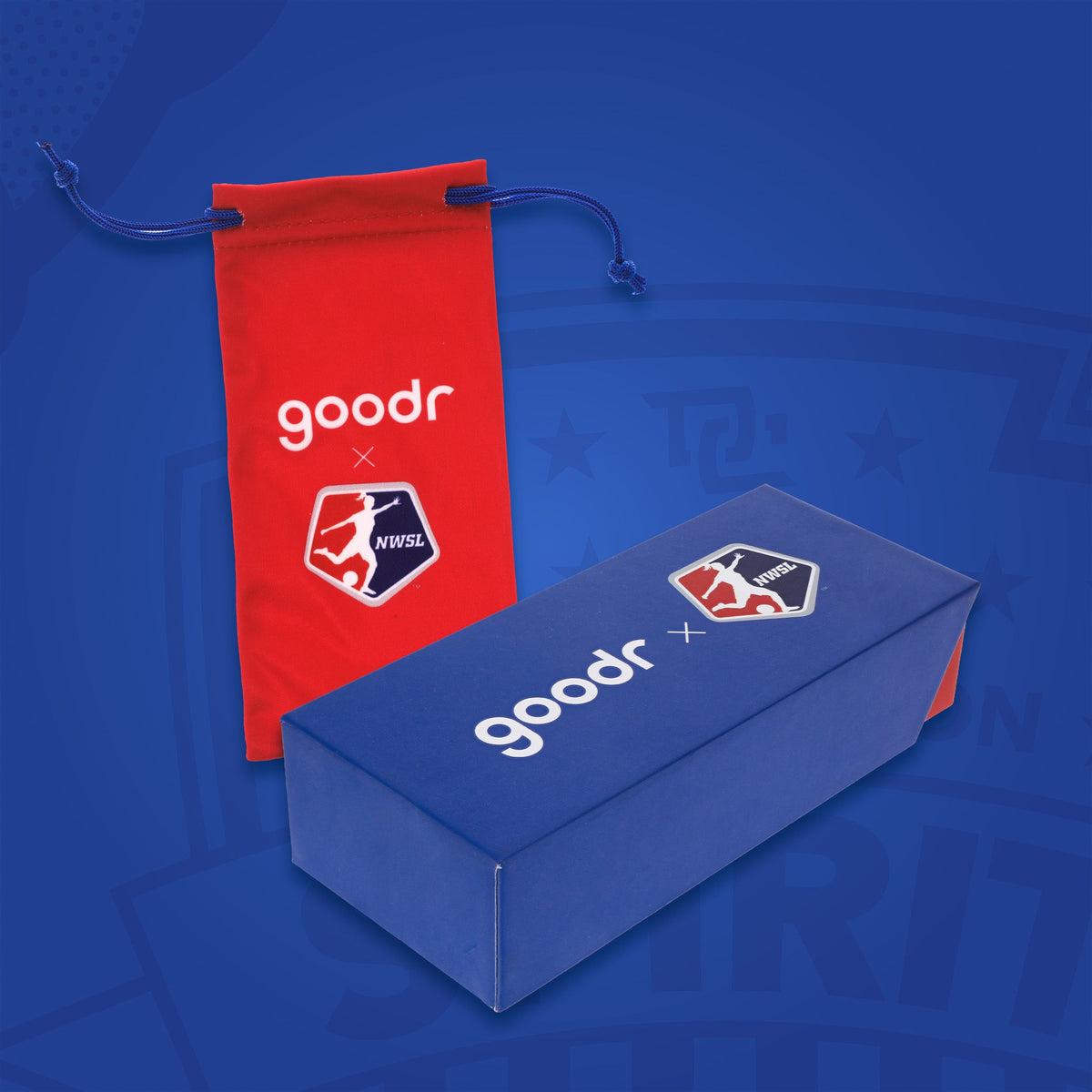 Red & blue custom NWSL (National Women's Soccer League) sunglasses packaging.