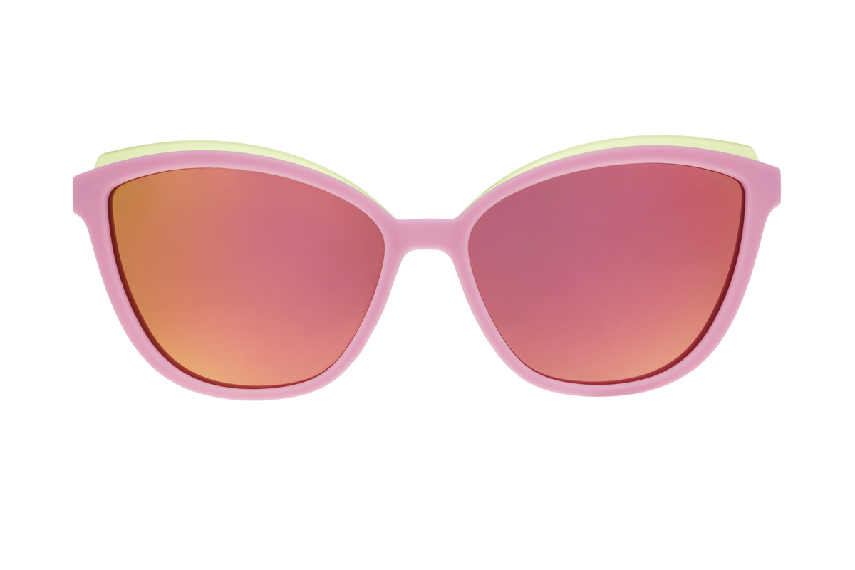 Pink sunglasses with red-tinted lenses on a white background