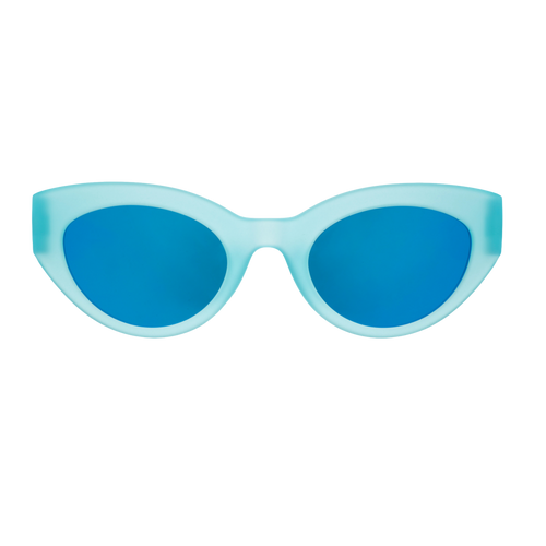 Front view of translucent light blue Moon G sunglasses with blue reflective lenses.