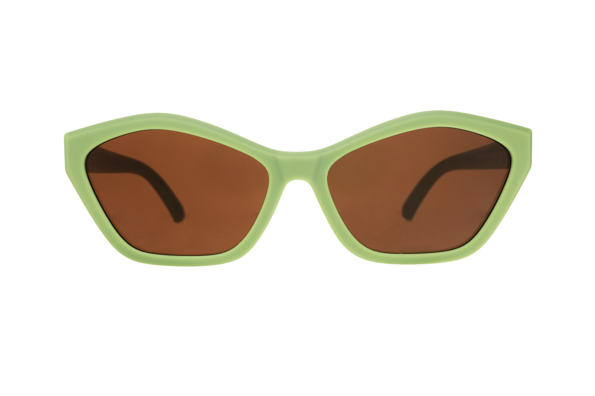Sunglasses with green frame and brown lenses on a white background