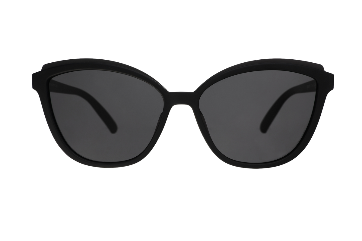 Black sunglasses with dark lenses on a white background