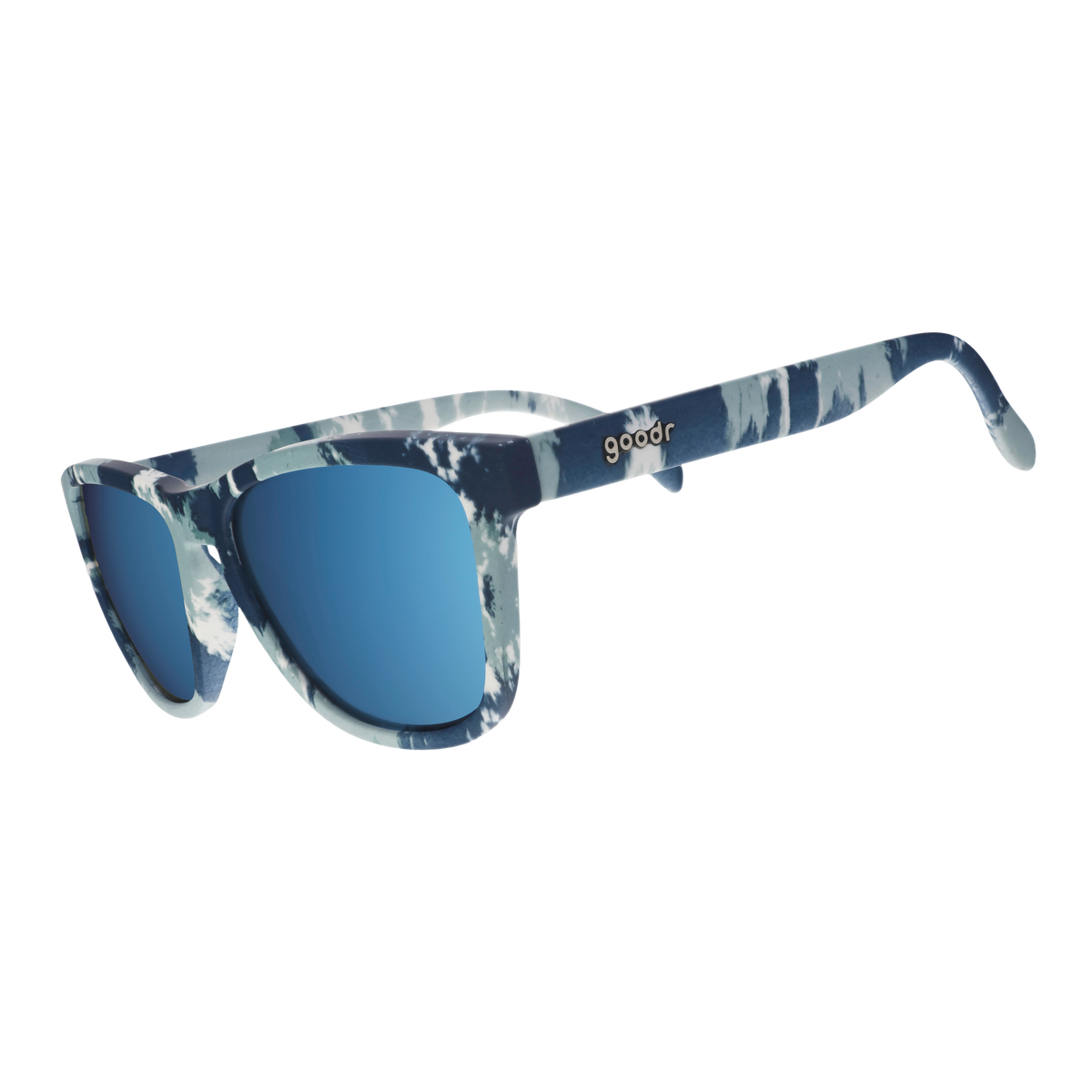Three-quarter angle view of tonal blue on blue tie-dye sunglasses in a classic frame shape with ice blue reflective lenses.