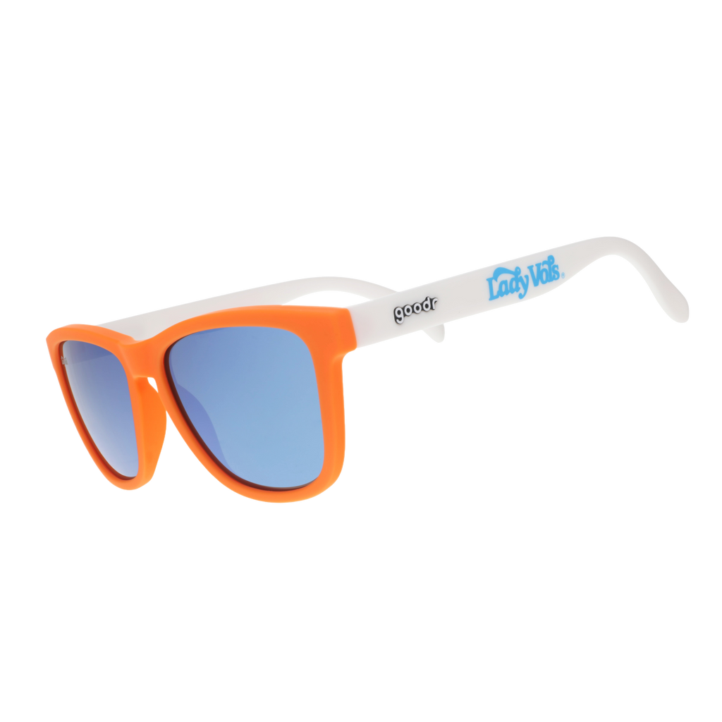 Lady Vols goodr sunglasses with an orange frame, white arms, and blue reflective lenses.