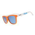 Lady Vols goodr sunglasses with an orange frame, white arms, and blue reflective lenses.