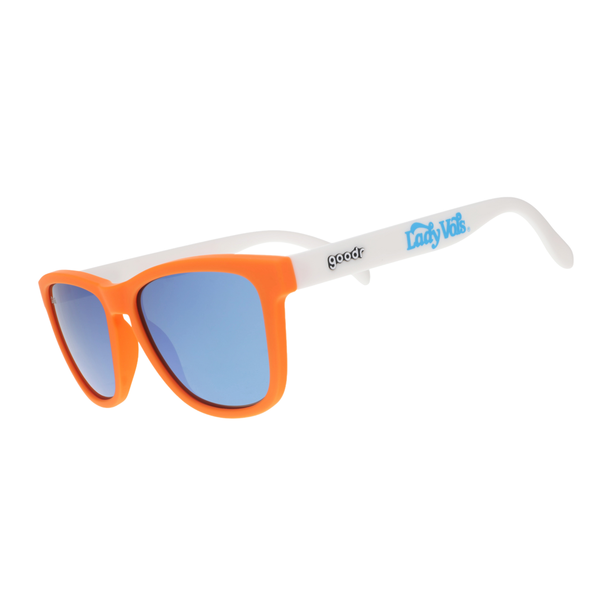 Lady Vols goodr sunglasses with an orange frame, white arms, and blue reflective lenses.