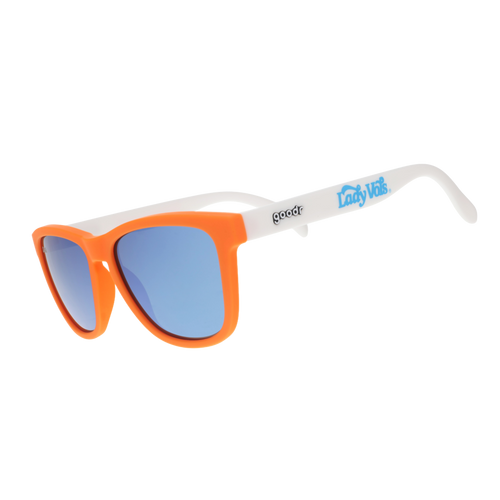 Lady Vols goodr sunglasses with an orange frame, white arms, and blue reflective lenses.