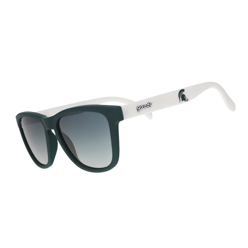 Michigan State goodr sunglasses with a dark green frame, white arms, and dark green gradient lenses.