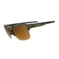 A pair of sporty wraparound sunglasses with a green and black camouflage pattern on the frame and warm brown mirrored lenses, shown on a plain white background.