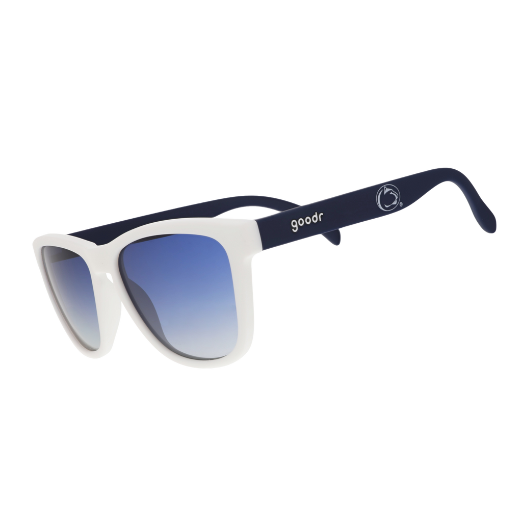 White sunglasses with blue gradient lenses and navy arms featuring Penn State and goodr logos.