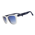 White sunglasses with blue gradient lenses and navy arms featuring Penn State and goodr logos.