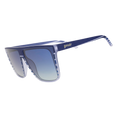 Three-quarter-angle view of translucent blue-purple flat-top Fly Gs with a retrowave-striped design and blue gradient lenses.