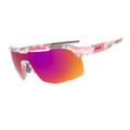 Sport sunglasses with a pink and white camouflage patterned frame and a large shield lens featuring a vibrant red-to-orange mirrored gradient, shown on a plain white background.