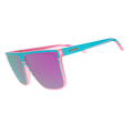 Three-quarter-angle view of translucent pink flat-top Fly G sunglasses with teal retrowave-striped design.