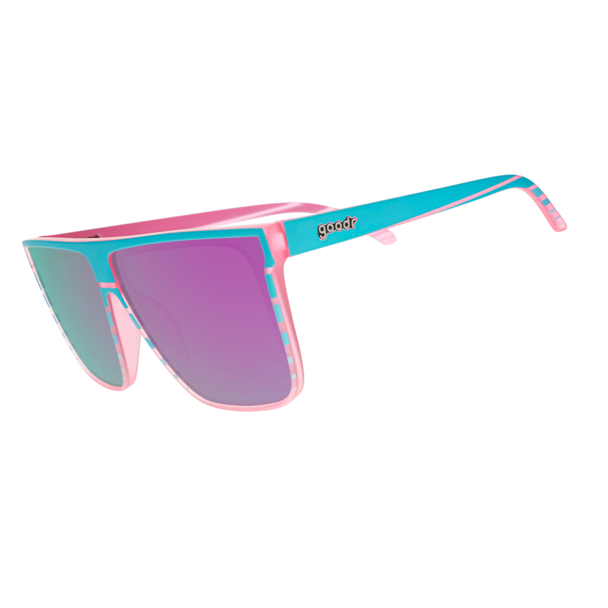Three-quarter-angle view of translucent pink flat-top Fly G sunglasses with teal retrowave-striped design.