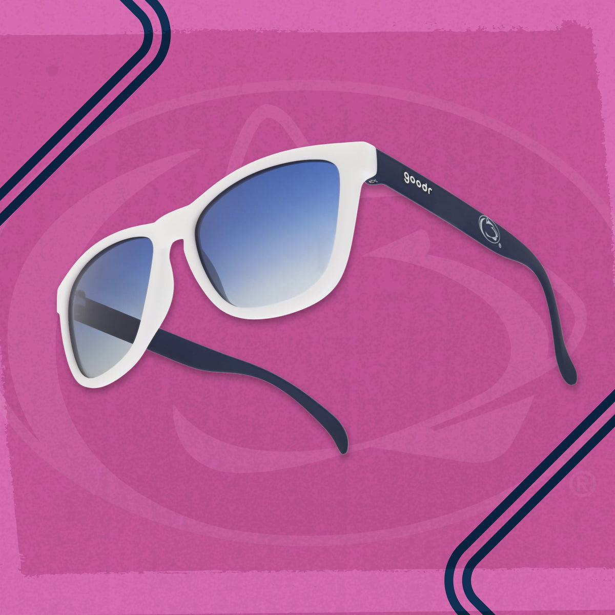 Penn State goodr sunglasses with a white frame and blue gradient lenses on a pink background.