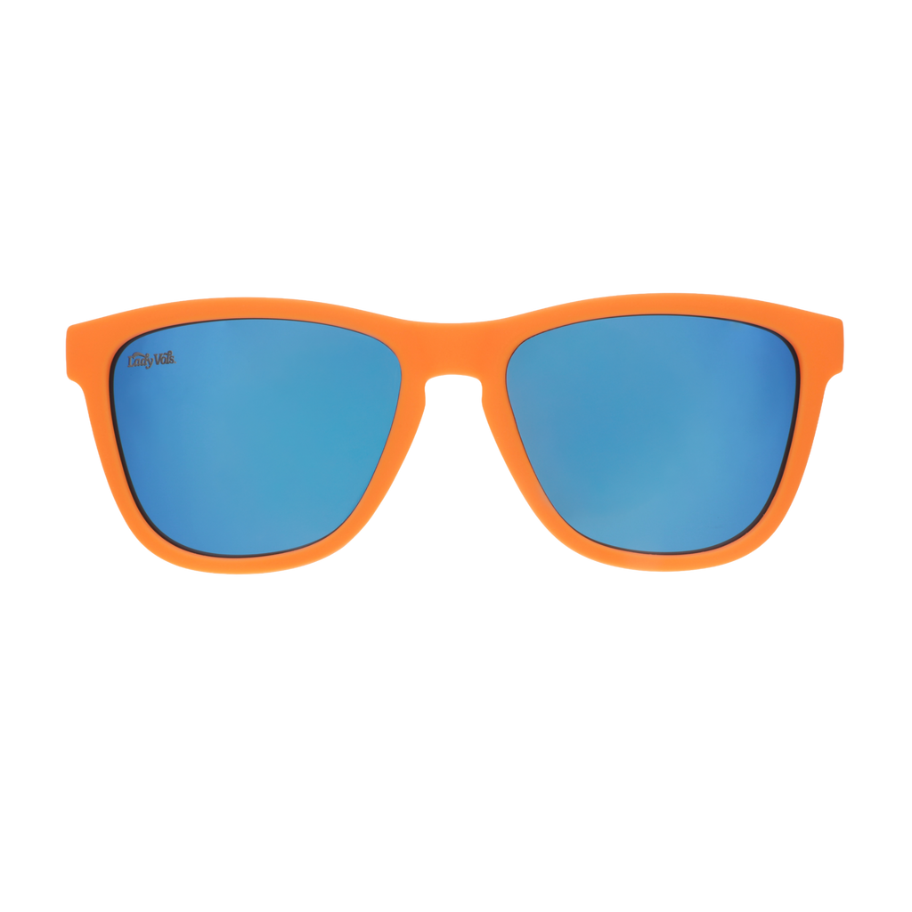Front view of Lady Vols sunglasses with an orange frame and blue reflective lenses.