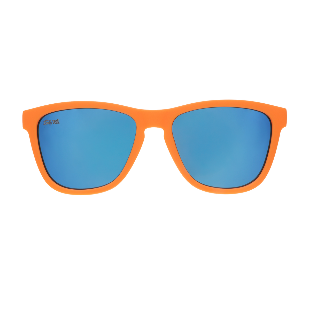 Front view of Lady Vols sunglasses with an orange frame and blue reflective lenses.