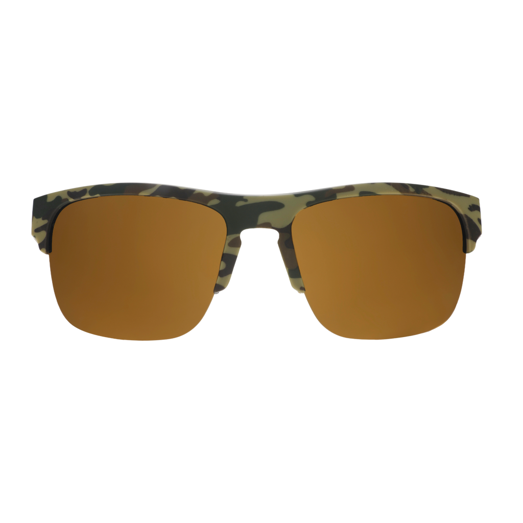 A pair of square sunglasses with a matte camouflage pattern frame and warm brown mirrored lenses, shown against a plain white background.