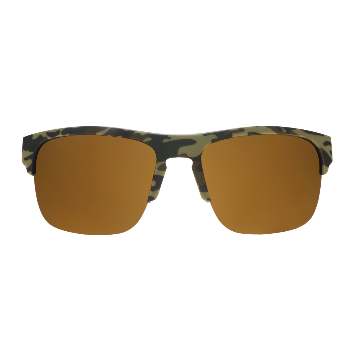 A pair of square sunglasses with a matte camouflage pattern frame and warm brown mirrored lenses, shown against a plain white background.