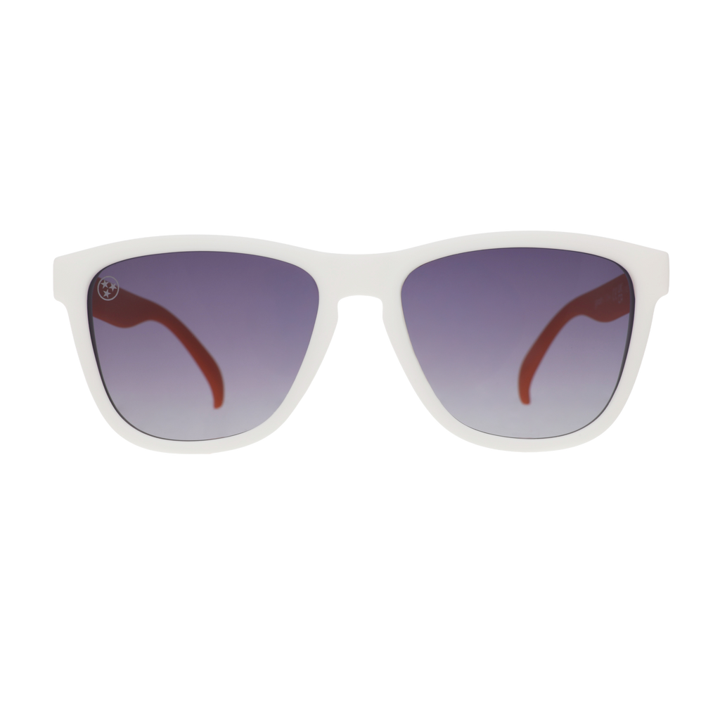 Front view of Tennessee Volunteers sunglasses with a white frame and black gradient lenses.