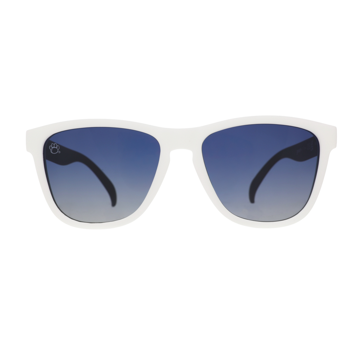 Front view of white Penn State sunglasses with blue gradient lenses and a classic square shape.