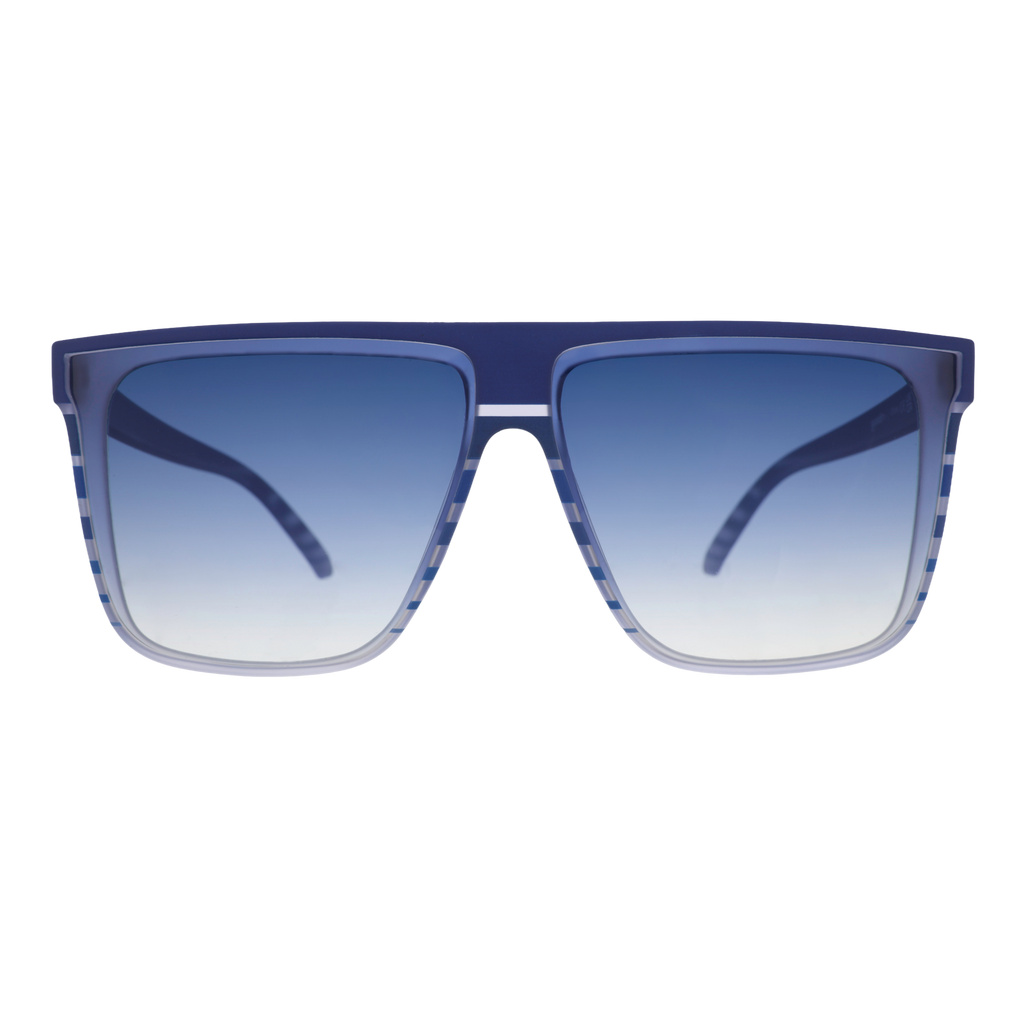 Front view of blue-purple flat-top Fly G sunnies showcasing blue gradient lenses and a retro striped design.