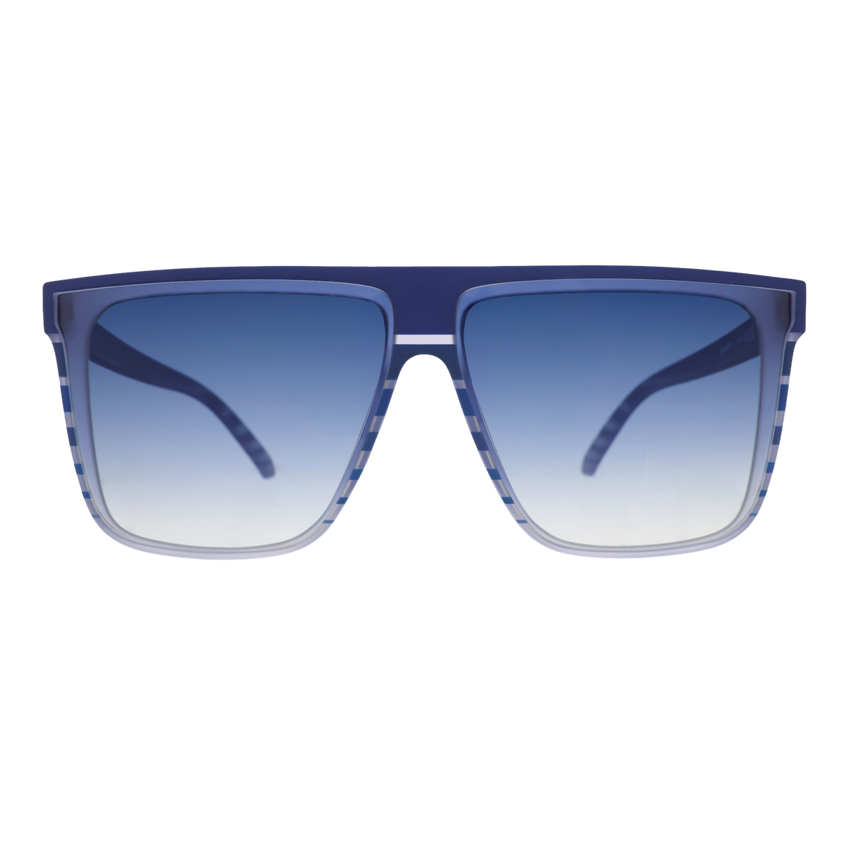 Front view of blue-purple flat-top Fly G sunnies showcasing blue gradient lenses and a retro striped design.