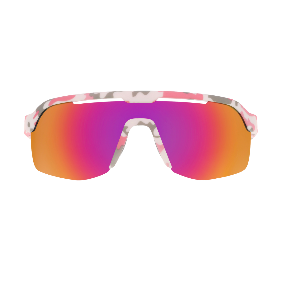 Sport sunglasses with a pink, white, and gray camouflage patterned frame and large mirrored lenses that transition from pink to orange.