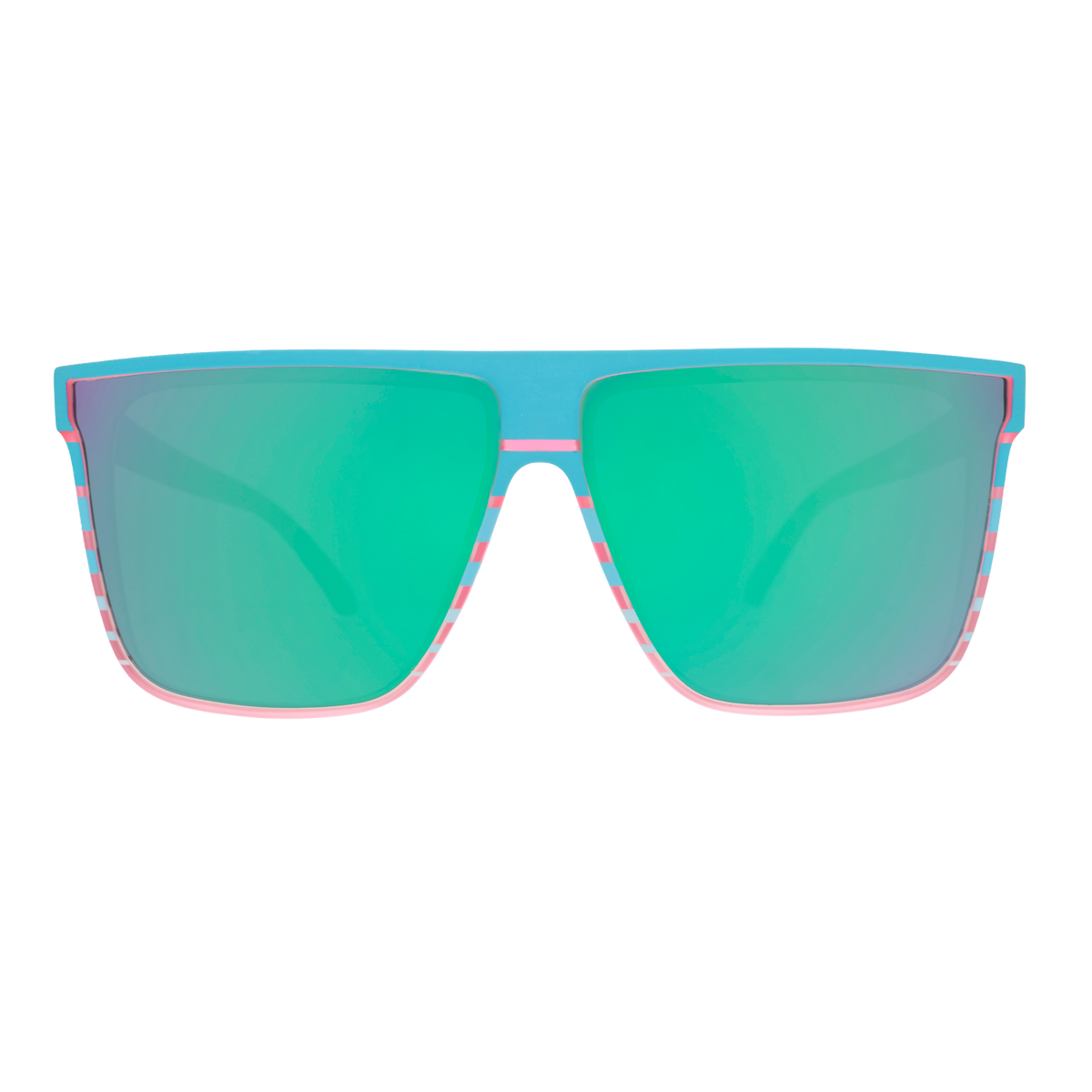 Front view of translucent pink flat-top Fly G sunglasses with a teal retrowave design and pink-purple reflective lenses.