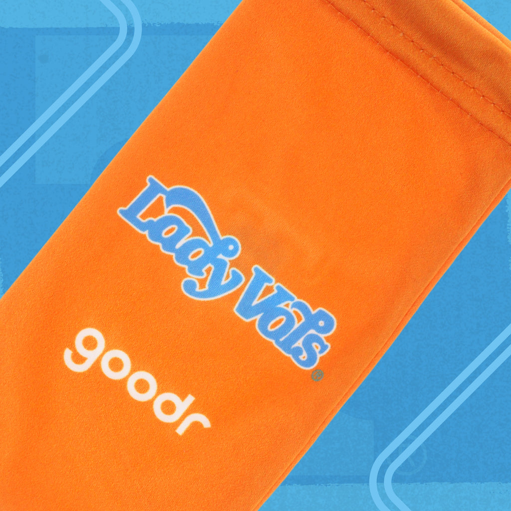 Orange microfiber sunglasses pouch with Lady Vols and goodr logos on a blue background.