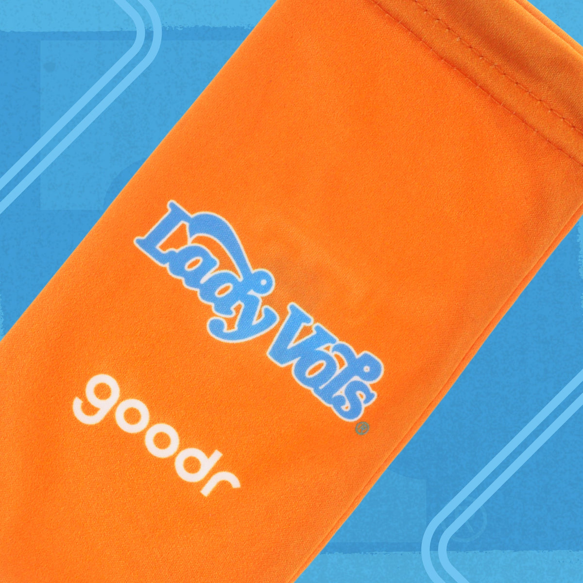 Orange microfiber sunglasses pouch with Lady Vols and goodr logos on a blue background.