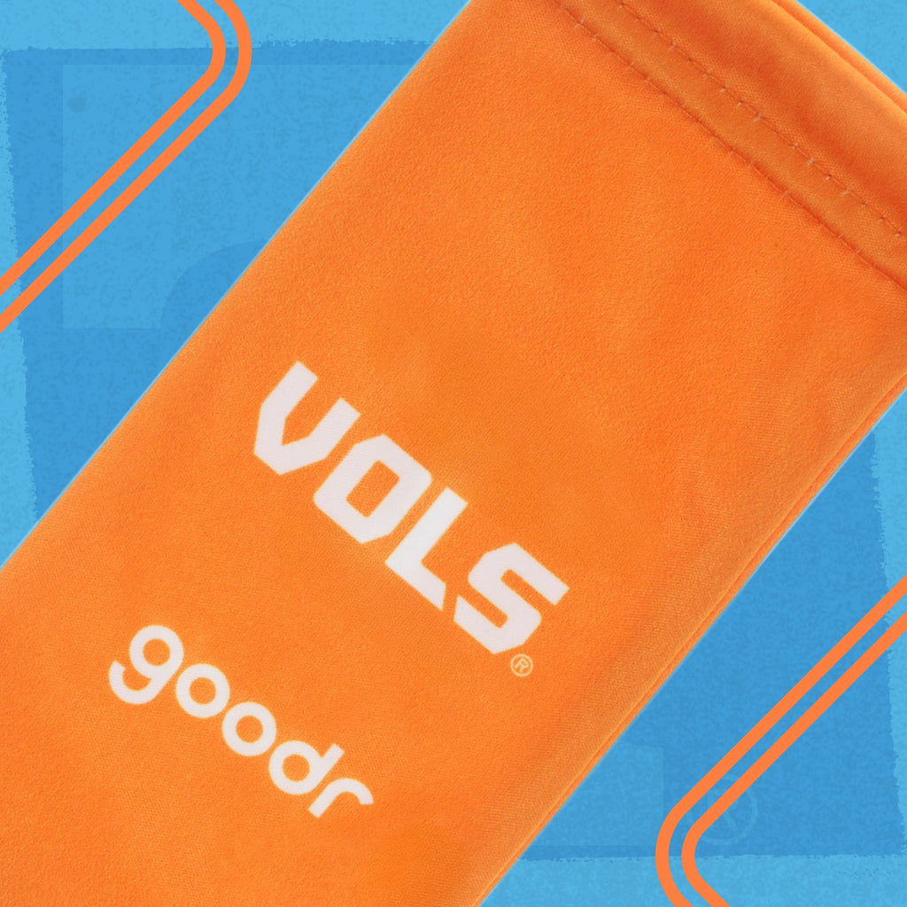 Orange microfiber sunglasses pouch with Tennessee Volunteers and goodr logos on a blue background.
