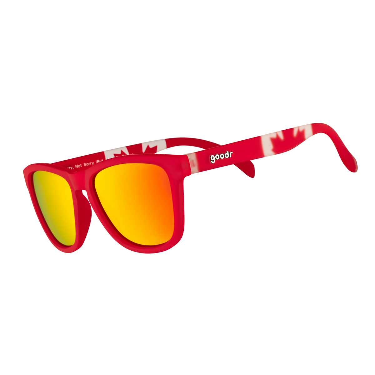 Three-quarter angle view of red shades w/ a Canadian flag pattern+burnt orange reflective lenses on a white background.