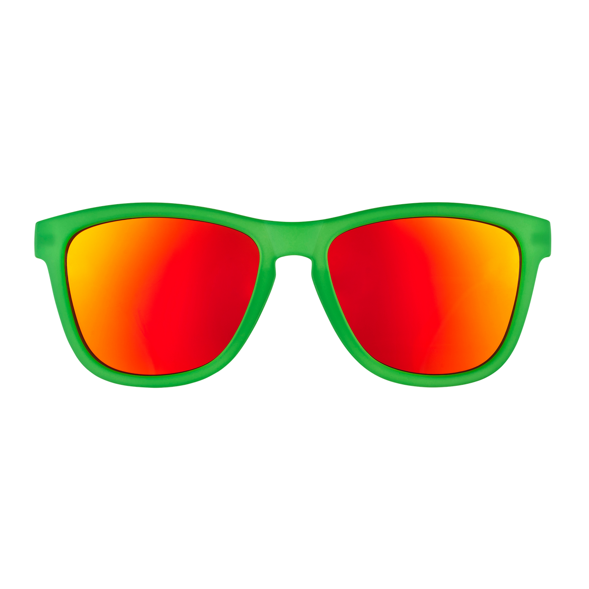 Front view of sunglasses. Green front frame with burnt orange reflective lenses on a white background.