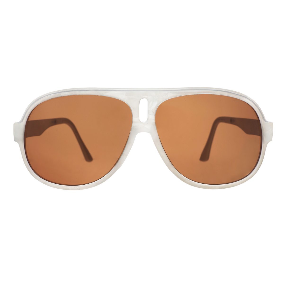 Aviator sunglasses with brown non-reflective lenses on a bright orange and pink starburst background.